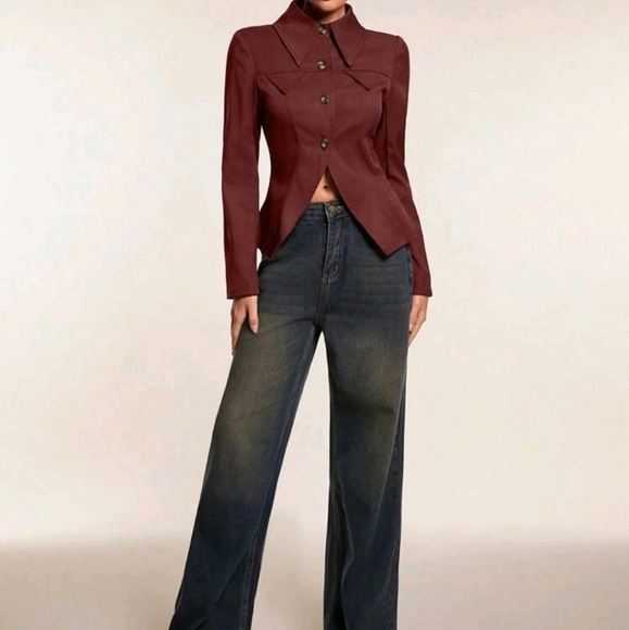 Women Front Button Slit Elegant Long Sleeve Jacket, Solid Color Winter Coat - Picture 1 of 5